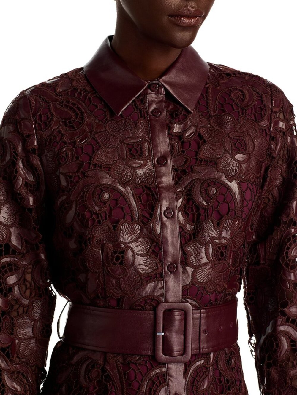 Elie Tahari Chayenne Long Sleeve Faux Leather & Lace Shirtdress - Picture 5 of 12